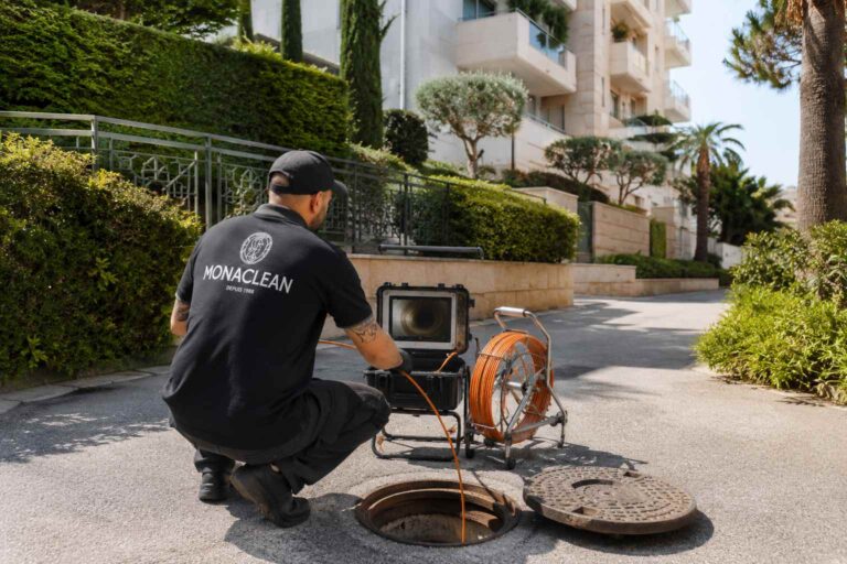Technicien Monaclean inspectant les canalisations d'une copropriété à l'aide d'une caméra d'inspection lors d'une intervention préventive.